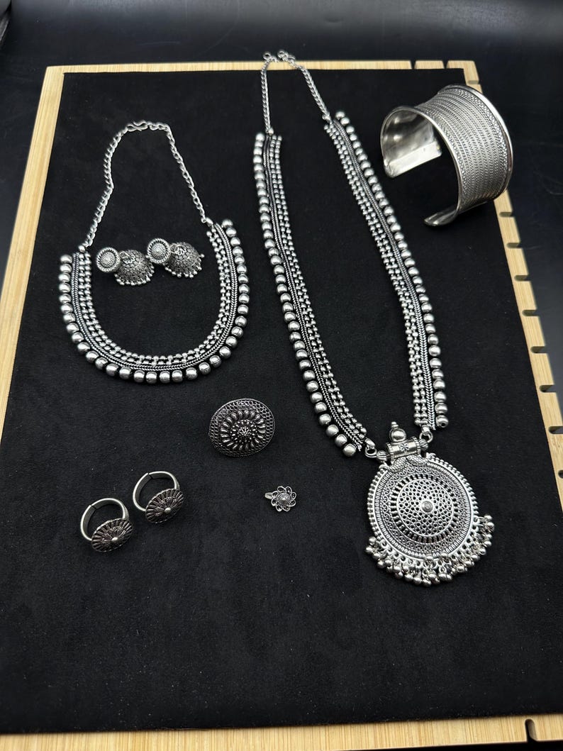 Indian ethnic Jewelry combos Silver oxidised Jewelry combo Set of 7, German Silver Long Necklace Set with jhumka, navratri necklace set