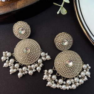 Sabyasachi Inspired Traditional Pearl Chandbali Earrings  with Kundan Center | Indian Bridal Jhumka | Ethnic Wedding Jewelry for Women
