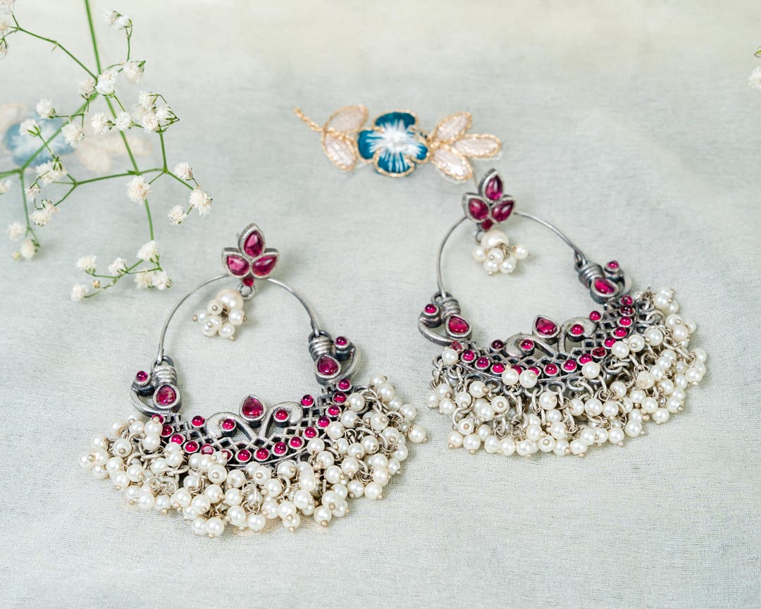 Pearl Stone Chandbali Oxidised Earrings, Indian Ethnic Earrings, Temple  Earrings, Gifts for Her, Chandeliers Red Green Oxidised Jewellery