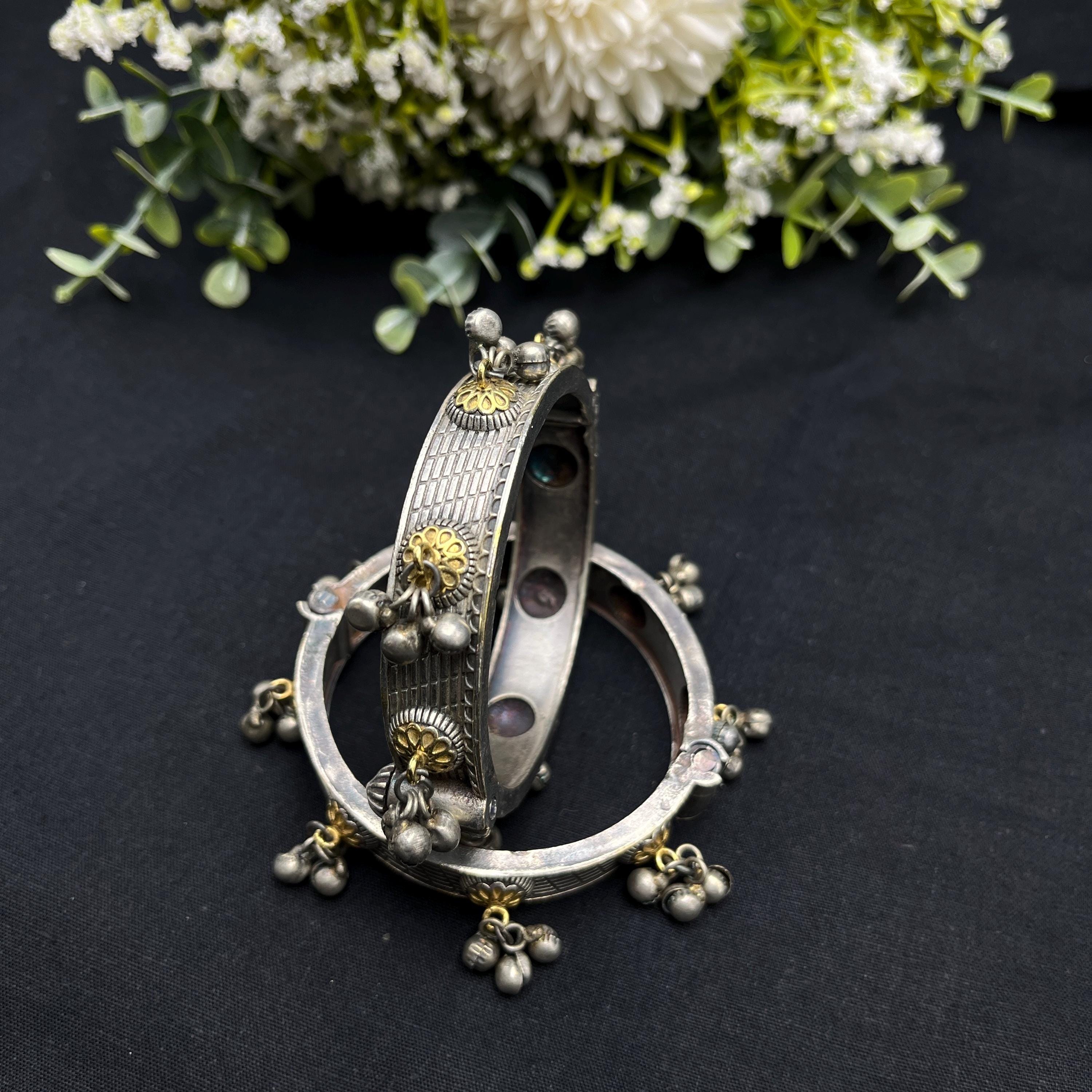 Dual Tone Oxidized Bangles Set of 5, Indian Kada Bracelet Set