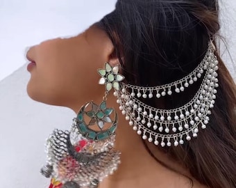 Big Oxidised Jhumka with side chain Chandbali Mirror Indian Earrings with pearls Silver Look Oxidized Jhumki Oxidized boho earrings