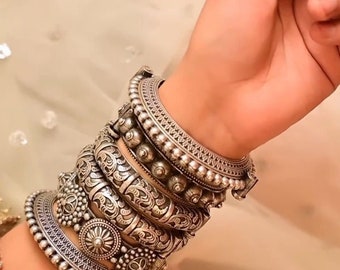 Bangles set handKada silver plated hand kada bracelet  antique silver look Openable kada broad bracelet ghunghroo Bangle gifts wedding hand