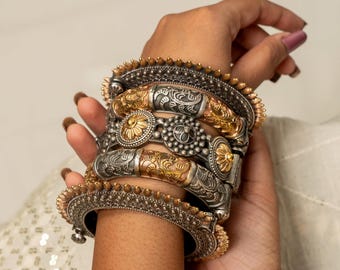 Vintage Oxidised Dual Tone Indian Kada Bangle Set: Silver Gold Plated Openable Bracelet set of 5 pc | Ethnic Hand wide kada set for women
