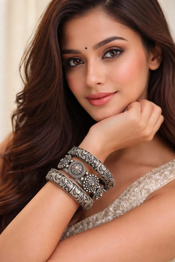 Chunky Oxidized Silver Bangle Stack | Boho Tribal Bracelet Set
