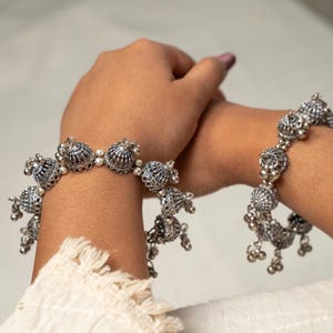 Oxidized Silver Jhumka Kada | Boho Indian Bangle Bracelet | Tribal Style Payal-Inspired Hand Jewelry | Ethnic Statement Kada