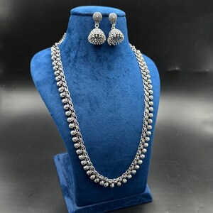 Double Layer Oxidized Silver Necklace Set with Jhumka Earrings | Traditional Indian Jewelry Set | Boho Tribal Long Necklace | Festival Wear