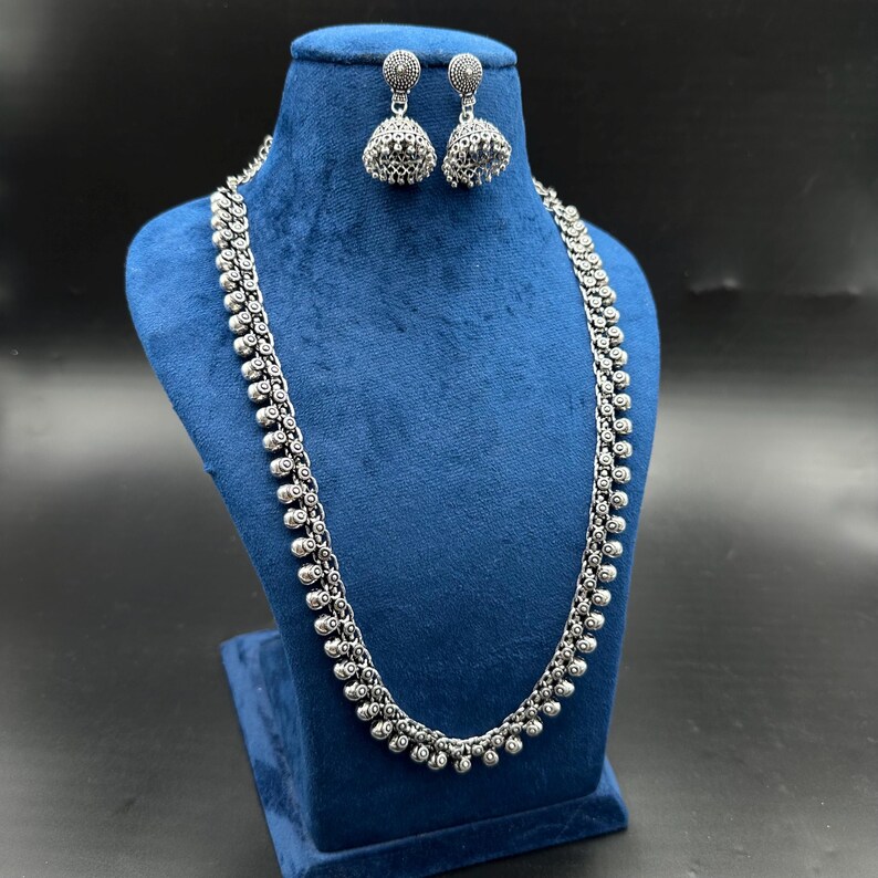Double Layer Oxidized Silver Necklace Set with Jhumka Earrings | Traditional Indian Jewelry Set | Boho Tribal Long Necklace | Festival Wear