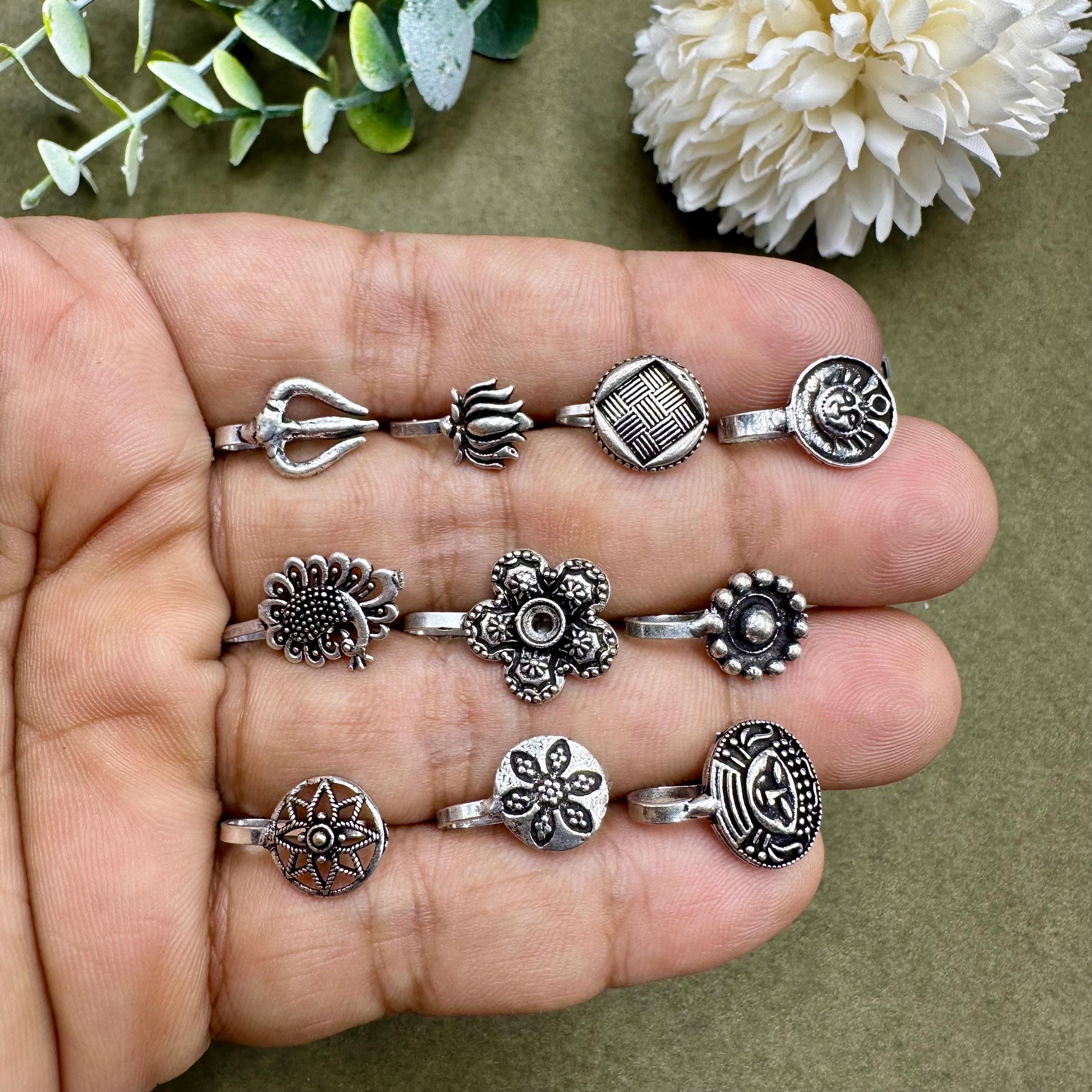 Tribal Silver Nose Pin, Oxidized Indian Nose Stud, Boho Floral