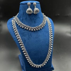 Double Layer Oxidized Silver Necklace Set with Jhumka Earrings | Traditional Indian Jewelry Set | Boho Tribal Long Necklace | Festival Wear