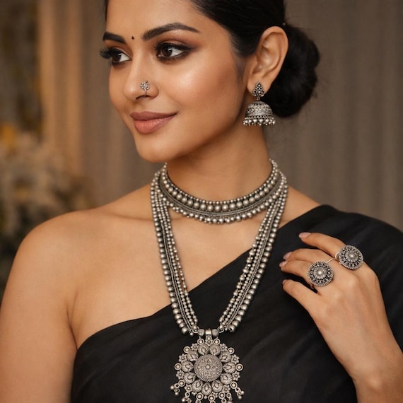 Set Of 7 Pc oxidised indian Jewelry set with pendant and choker, Jhumka and kada, Silver plated Navratri Jewelry Gift