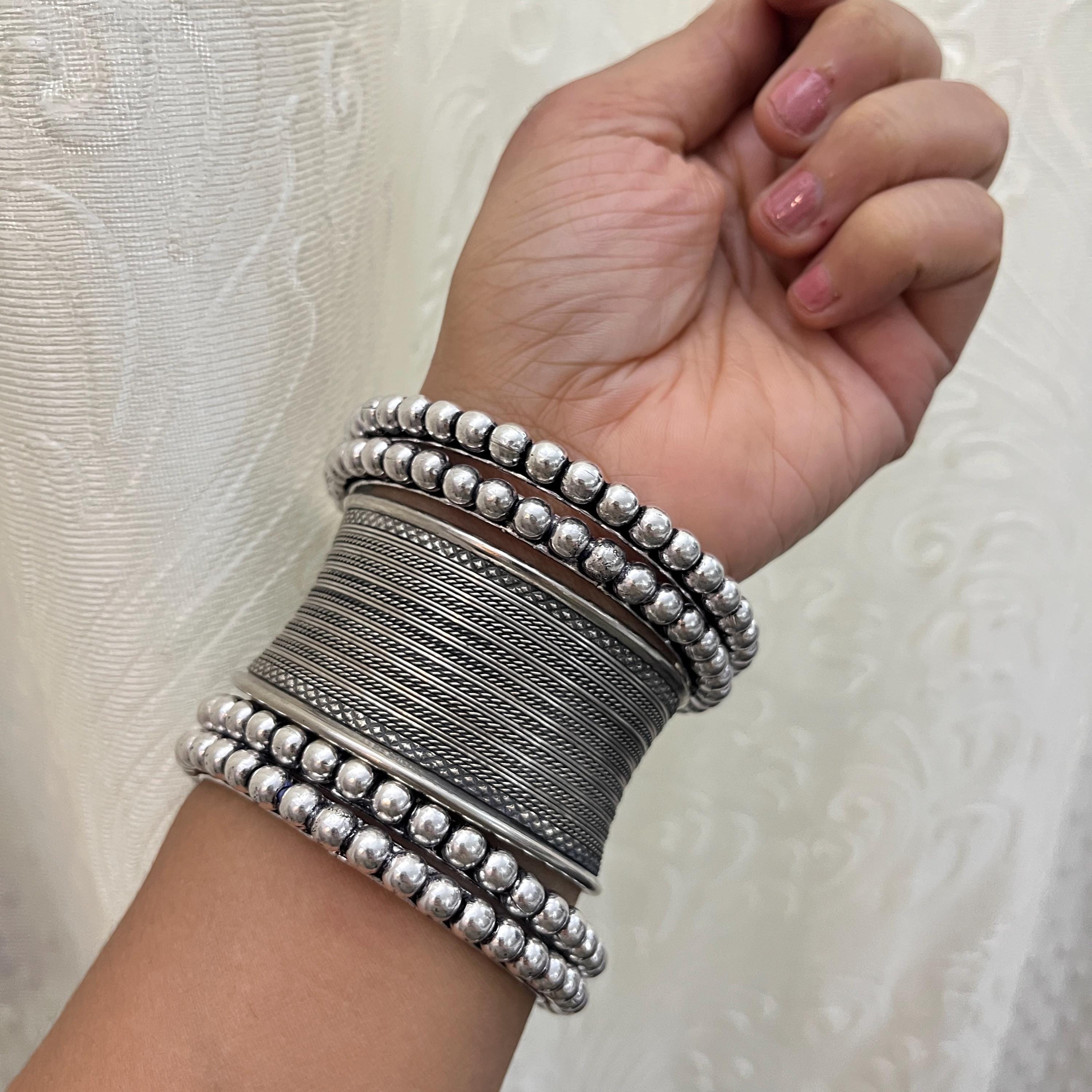 Silver Tone Bangle Set: Indian Ethnic Cuff Bracelet, Set of 5 - Etsy
