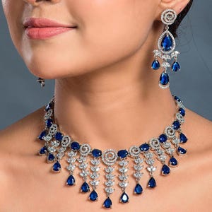 Sapphire Cubic Zirconium Necklace with maangtikka/ Indian Necklace/ Indian Jewelry American Diamond Wedding Necklace/ Diamond Necklace/ Blue