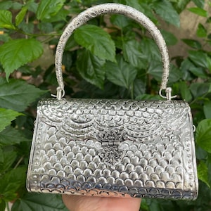 Silver Metal Handbag | Embossed Top Handle Clutch Purse | Ethnic Party Bag with Chain Strap | Vintage Traditional Boho Bridal Accessory Gift
