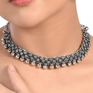 Double Layer Oxidized Silver Necklace Set with Jhumka Earrings | Traditional Indian Jewelry Set | Boho Tribal Long Necklace | Festival Wear