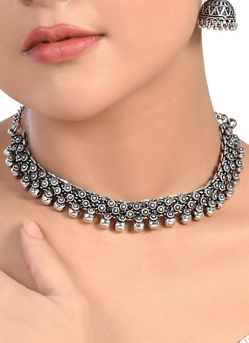 Double Layer Oxidized Silver Necklace Set with Jhumka Earrings | Traditional Indian Jewelry Set | Boho Tribal Long Necklace | Festival Wear