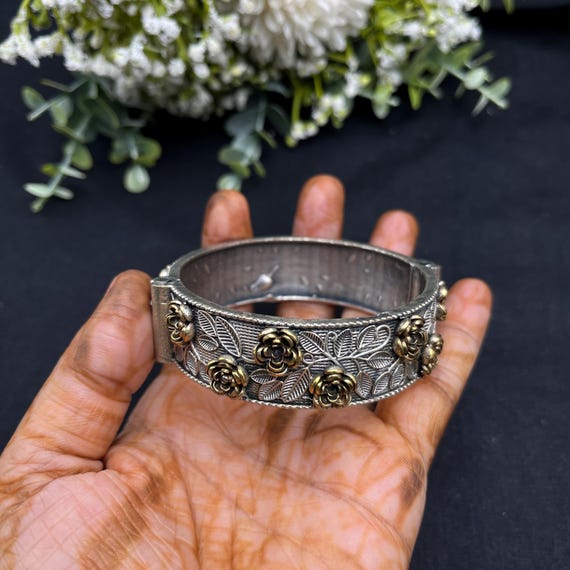 Dual Tone Oxidized Cuff Bracelet | Silver & Gold Floral Statement