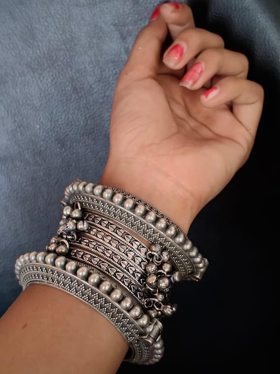 Boho Oxidized Silver Bangle Set | Tribal Kada Stack With Bells