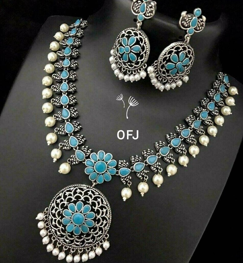 antique German silver set,gypsy Indian Stone and pearl jewelry set Indian ethnic traditional jewelry set temple jewelry kemp jewelry
