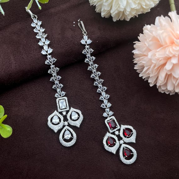 Silver Maang Tikka for Bride, Ruby Red CZ Headpiece, Indian  display picture 3