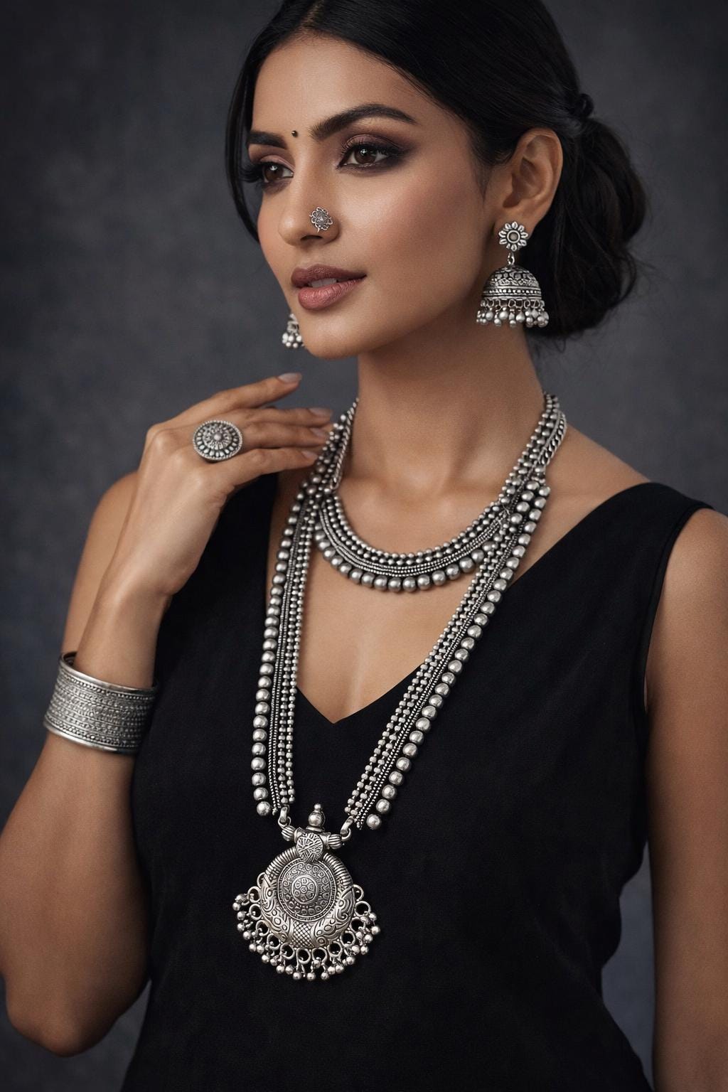 German Silver Jewelry Set: Indian Kolhapuri Necklace Set of 7 Pc