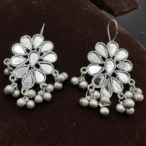 Oxidized Silver Plated Ghungroo Mirror Earrings, Traditional Boho Style Tribal Jewelry For Women, German Silver Indian Earrings Gift for Her