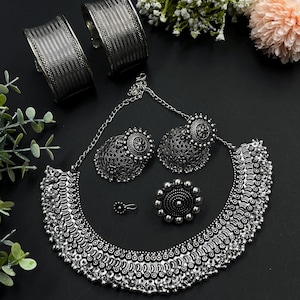 Oxidised Indian jewellery set for Navratri | Ethnic Ghungroo Choker set | Handmade Vintage Necklace set with jhumka | Garba Combo set of 6