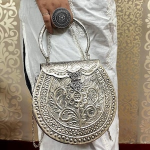 Handcrafted Silver Clutch Purse | Vintage Oxidized Metal Bag | Boho Wedding Clutch | Traditional Indian Bridal Purse | Ethnic Chain Shoulder