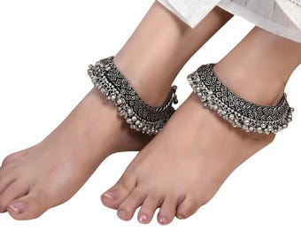 Oxidized Silver Ghungroo Anklets: Handmade Indian Jhoomer Payal