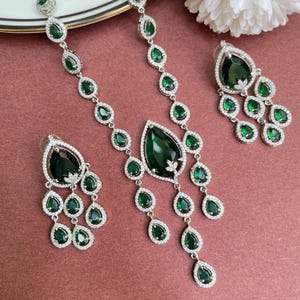 Classy Dark Green American Diamond Necklace Set | Reception Jewelry/ crystal Bollywood Jewelry/Bridal necklace/ Emerald Replica diamond set