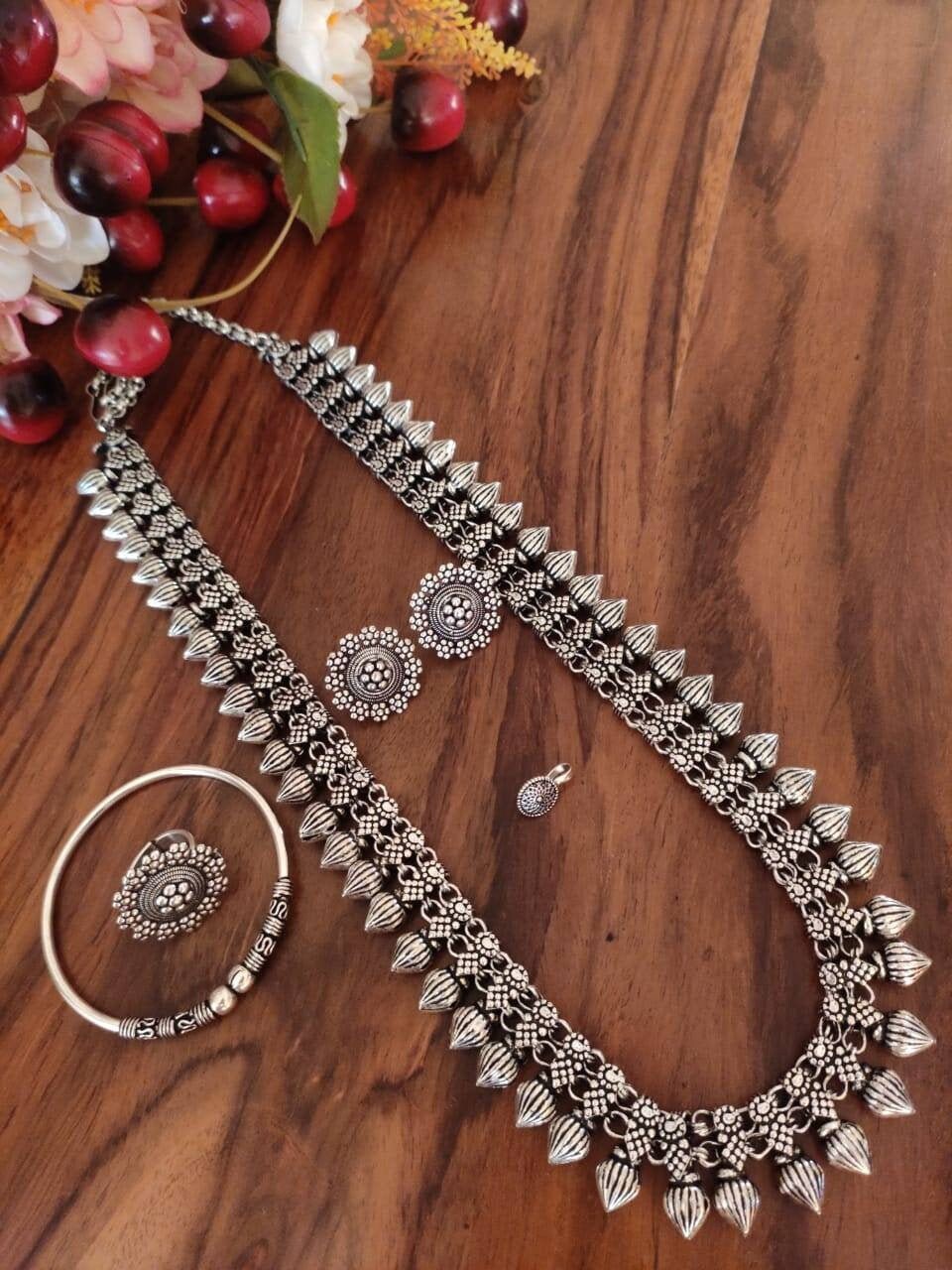 Trendy Long Haram Oxidized Necklace Set 