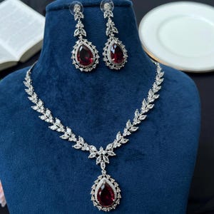 Red Doublet Pendant American Diamond Partywear Jewellery Set : Cz Premium Quality Silver plated Reception Necklace set