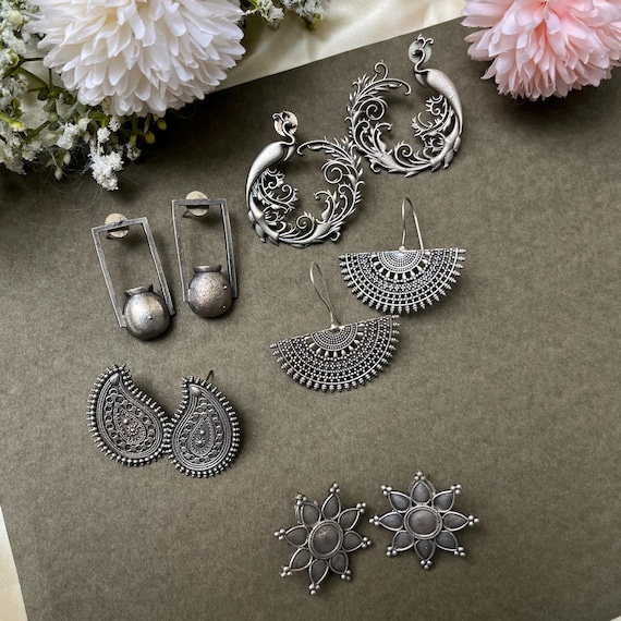 Oxidized Silver Earrings Set of Boho Tribal Indian Ethnic