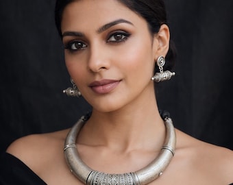 Oxidised Rajasthani Hasuli Choker Set: Boho Tribal Indian Jewelry