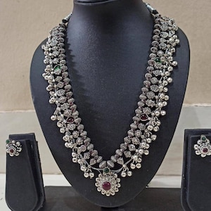 Trendy Indian Kolhapuri style long oxidised set/ handmade antique German Silver oxidized jewellery/ Bollywood celebrity kemp Temple jewelery