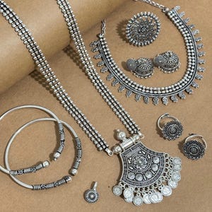 Indian Oxidized Jewelry Necklace Combo Set of 6 | Ethnic Long Oxidized Silver Black Temple Jewelry | Kolhapuri Boho Tribal Necklace Navratri