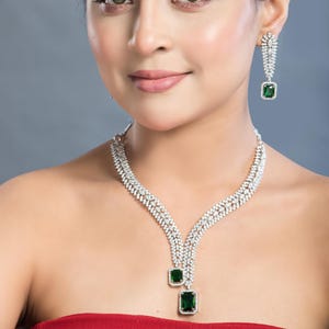 Elegant Green Stone Necklace Set | Silver Plated Bridal Jewelry with Earrings | Cz Statement Wedding & Partywear American diamond Jewelry