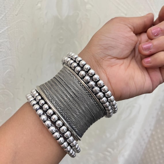 Silver Tone Bangle Set: Indian Ethnic Cuff Bracelet, Set of 5