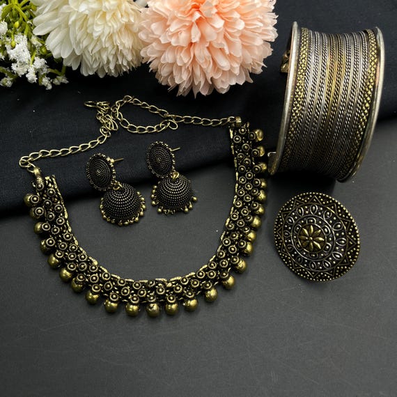 Vintage Boho Chic Style Gold Plated Combo Jewelry Set, Indian