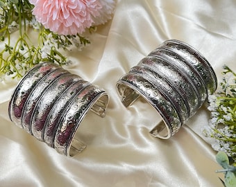 酸化シルバーのカフバングルセット：調節可能なインディアンジュエリー