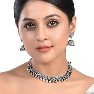 Double Layer Oxidized Silver Necklace Set with Jhumka Earrings | Traditional Indian Jewelry Set | Boho Tribal Long Necklace | Festival Wear