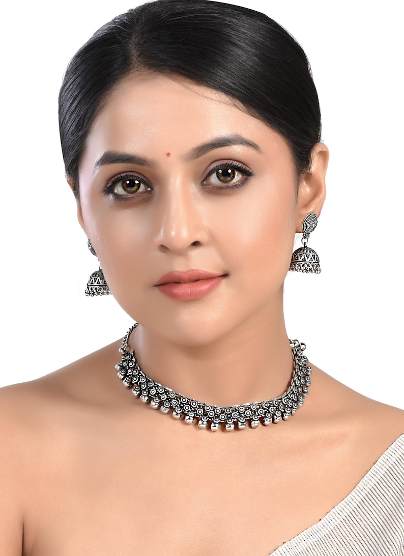 Double Layer Oxidized Silver Necklace Set with Jhumka Earrings | Traditional Indian Jewelry Set | Boho Tribal Long Necklace | Festival Wear