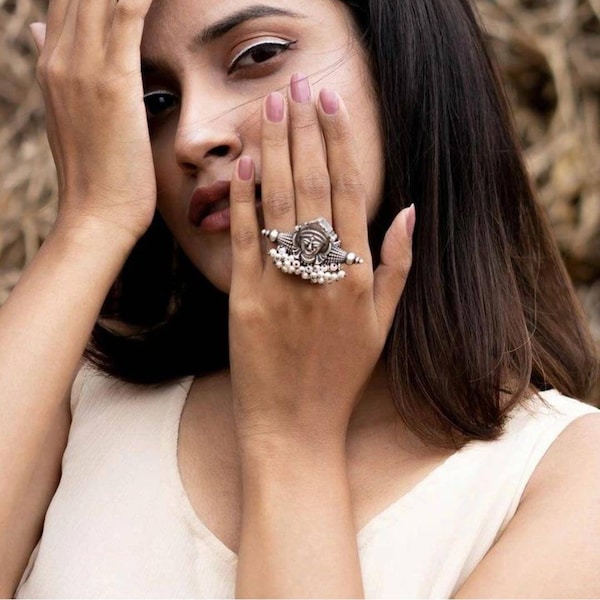 Oxidized Durga ring with pearl, Indian oxidised ring, maa durga motif ring, silver look alike pearl ring,tribal ring