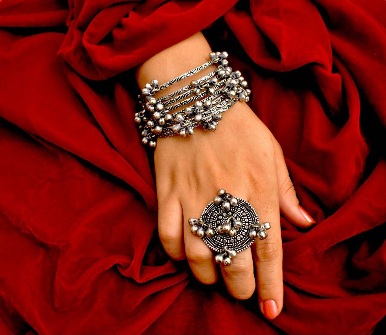 Buy Fida Wedding Ethnic Oxidised Silver Ghungroo Adjustable Ring for  Women(One Size) Online