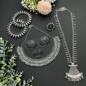 Oxidised Jewellery Combo set of 7, Indian Jewellery, Vintage Long necklace set, German silver jewelry, Kolhapuri oxidised set, Free shipping