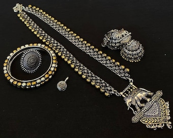 Sieradenset geoxideerd zilver: Indiase bohoketting, Jhumki-oorbellen, ring