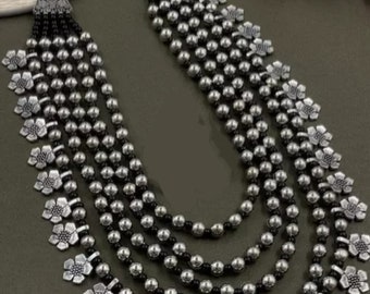 Collana multistrato con perline di fiori lunghi Argento nero Gioielli indiani fatti a mano, collana ossidata, set di gioielli regalo per la sua collana di nozze