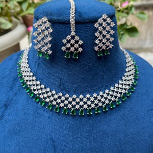 Green Stone CZ Choker Necklace Set | Bridal Crystal Jewelry Set with Earrings & MaangTikka | Indian Wedding Jewelry | Green Diamond Look Set