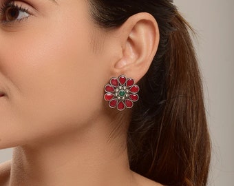Floral Flower studs Indian stone Round Earrings Oxidized Jewellery Red green silver Indian earrings Traditional Silver Plated Jewelry gifts