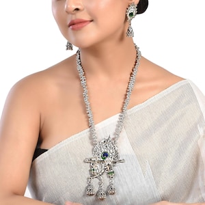 Oxidized Peacock Feather Ghungroo Jewelry Set: Indian Necklace & Earrings image 1