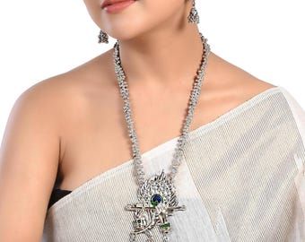 Oxidized Peacock Feather Ghungroo Jewelry Set: Indian Necklace & Earrings